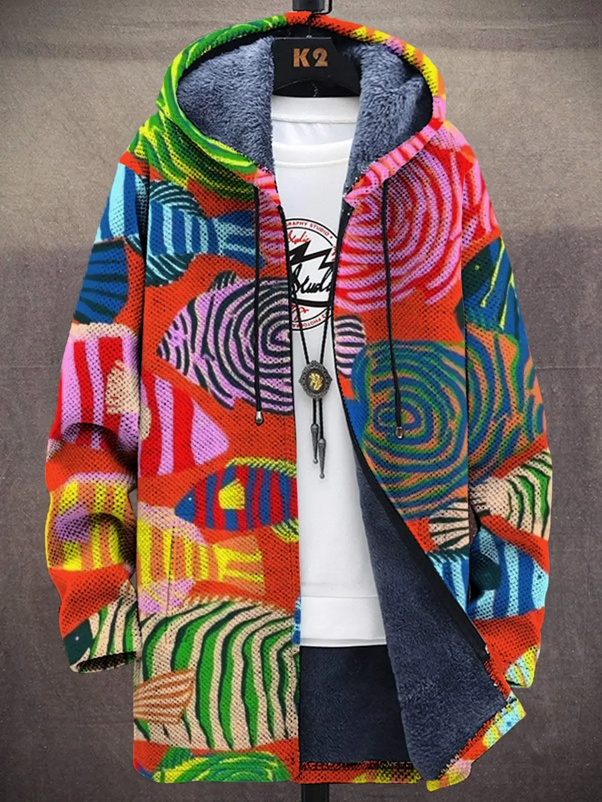 

Colorful Fish Print Unisex Plush Thick Long-Sleeved Sweater Cardigan Coat Hoodies Fleece Lined Zipper Coats