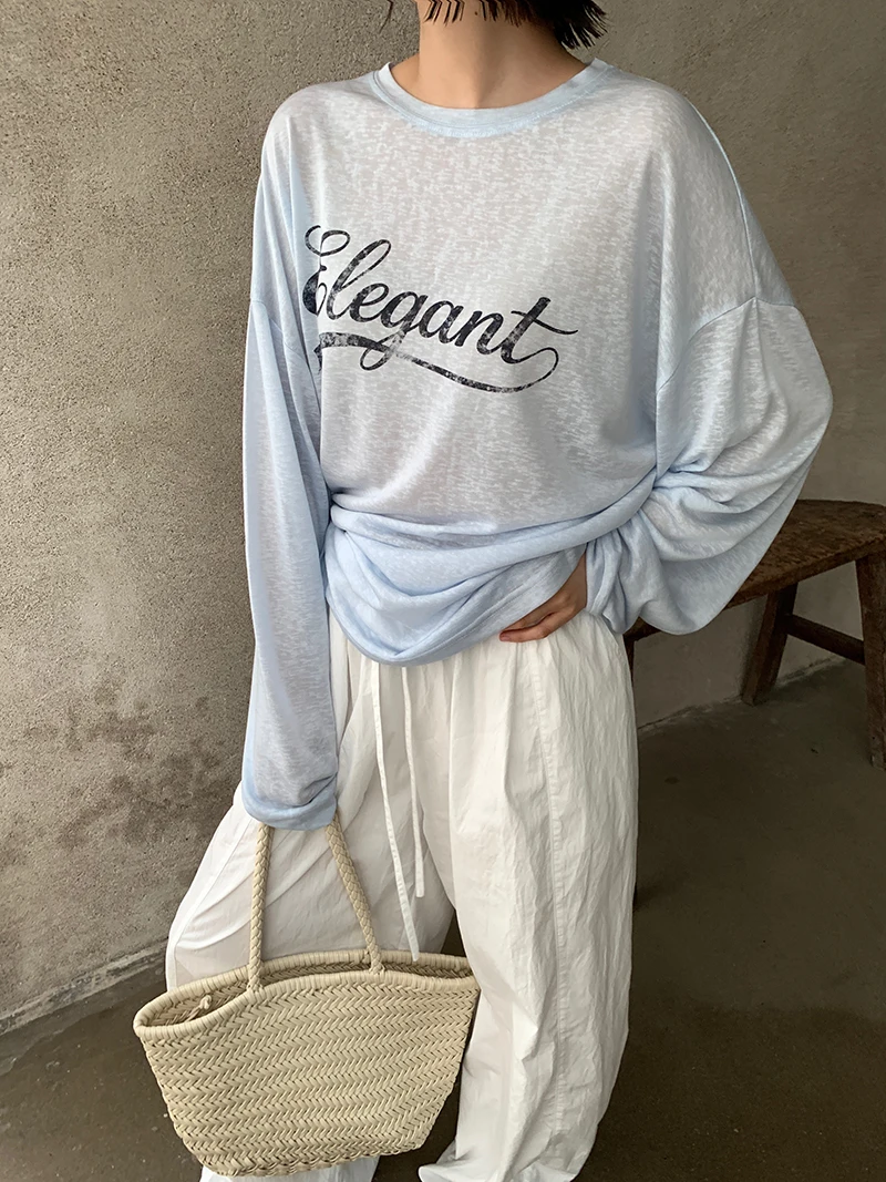Spring and summer women's casual letter printed round neck long sleeved loose T-shirt