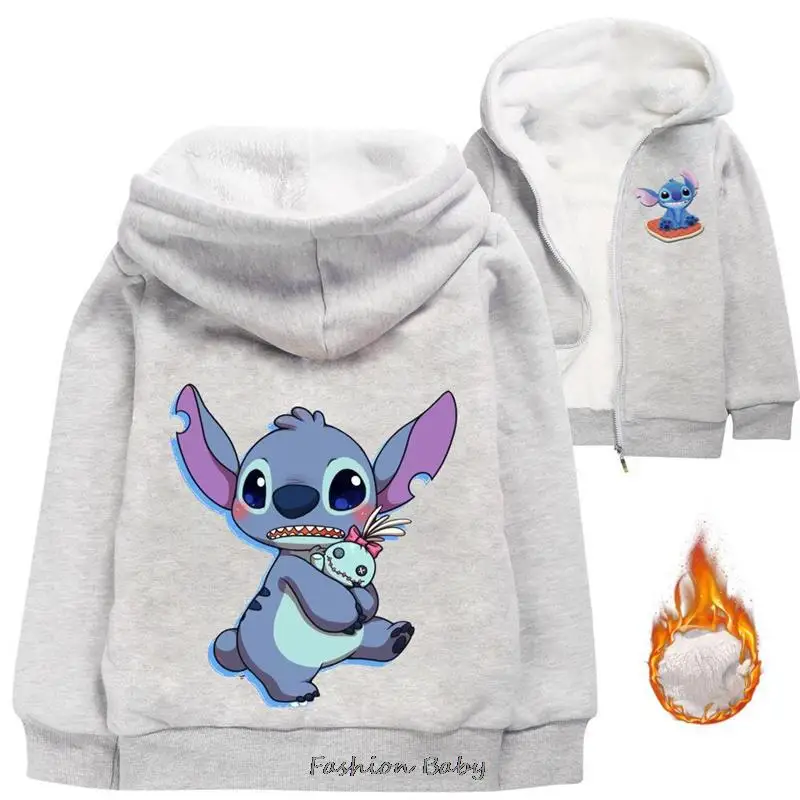 Disney Stitch New Children Coat Baby Hoodies Collar Thicken Warm Jacket Girls Cartoon Overcoat Winter Kids Girls Casual Outwear