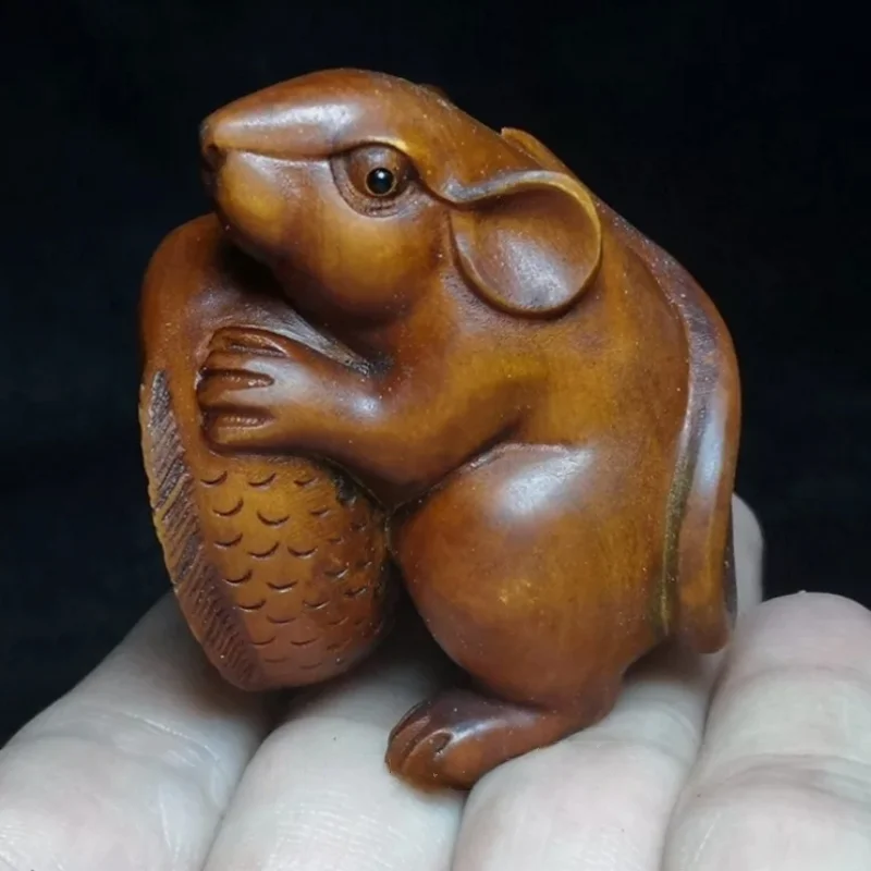 5.2 CM Chinese Boxwood Hand Carved Mouse and Fish Figurine netsuke Collection