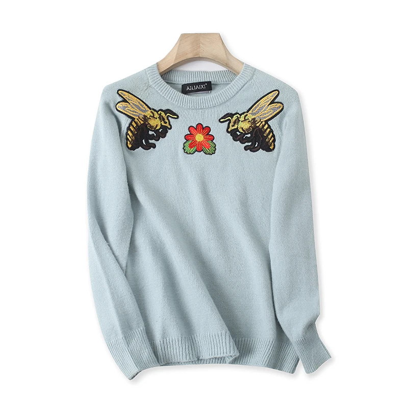 

Модный свитер с вышивкой, круглый, с вставкой на плечах, осеннее новое поступление, женский облегающий молодежный свитер...