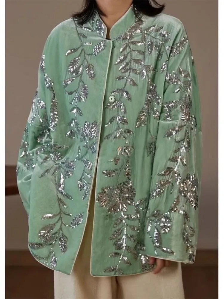 

Luxury Designer Women Clothing Sequins Embroidery Green Velvet Coat Autumn Winter Jacket Warm Outerwear Vintage Long-Sleeved Top
