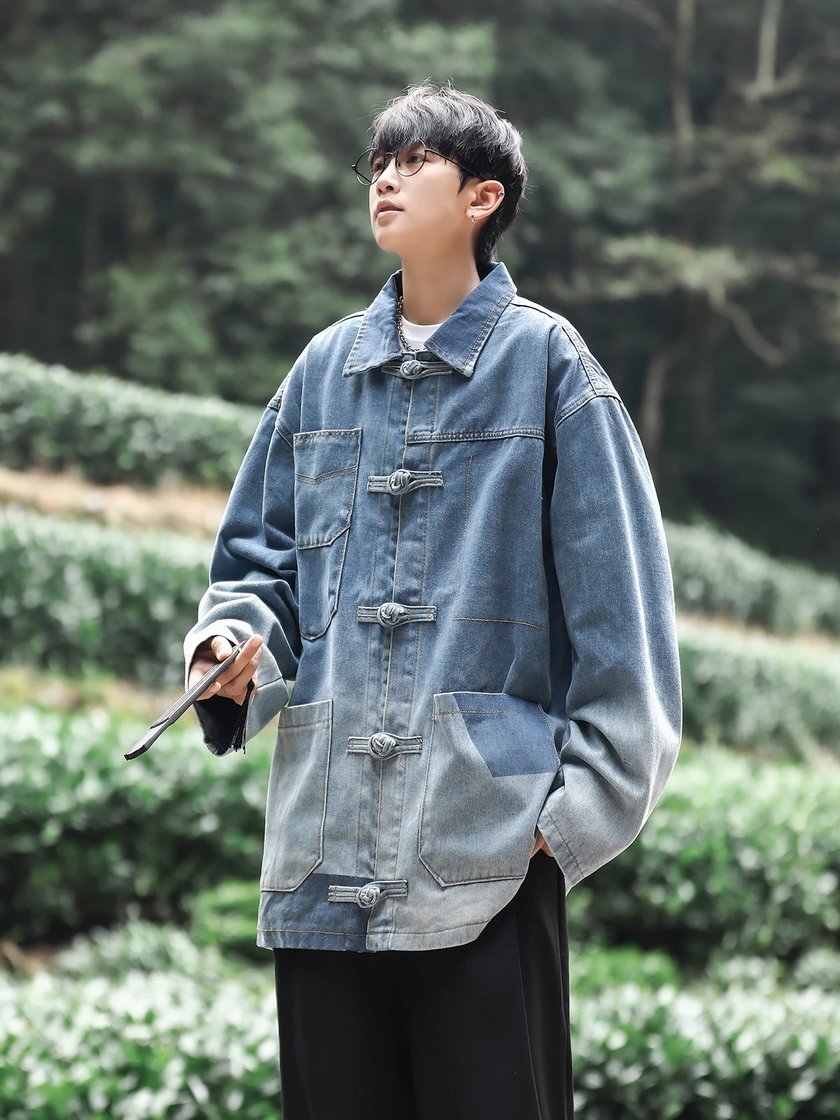 

Retro Chinese Sle Loose Fit Denim Jaet for Men with Button Cuffs Spring Autumn Trendy Brand High End Feel aduated Wa