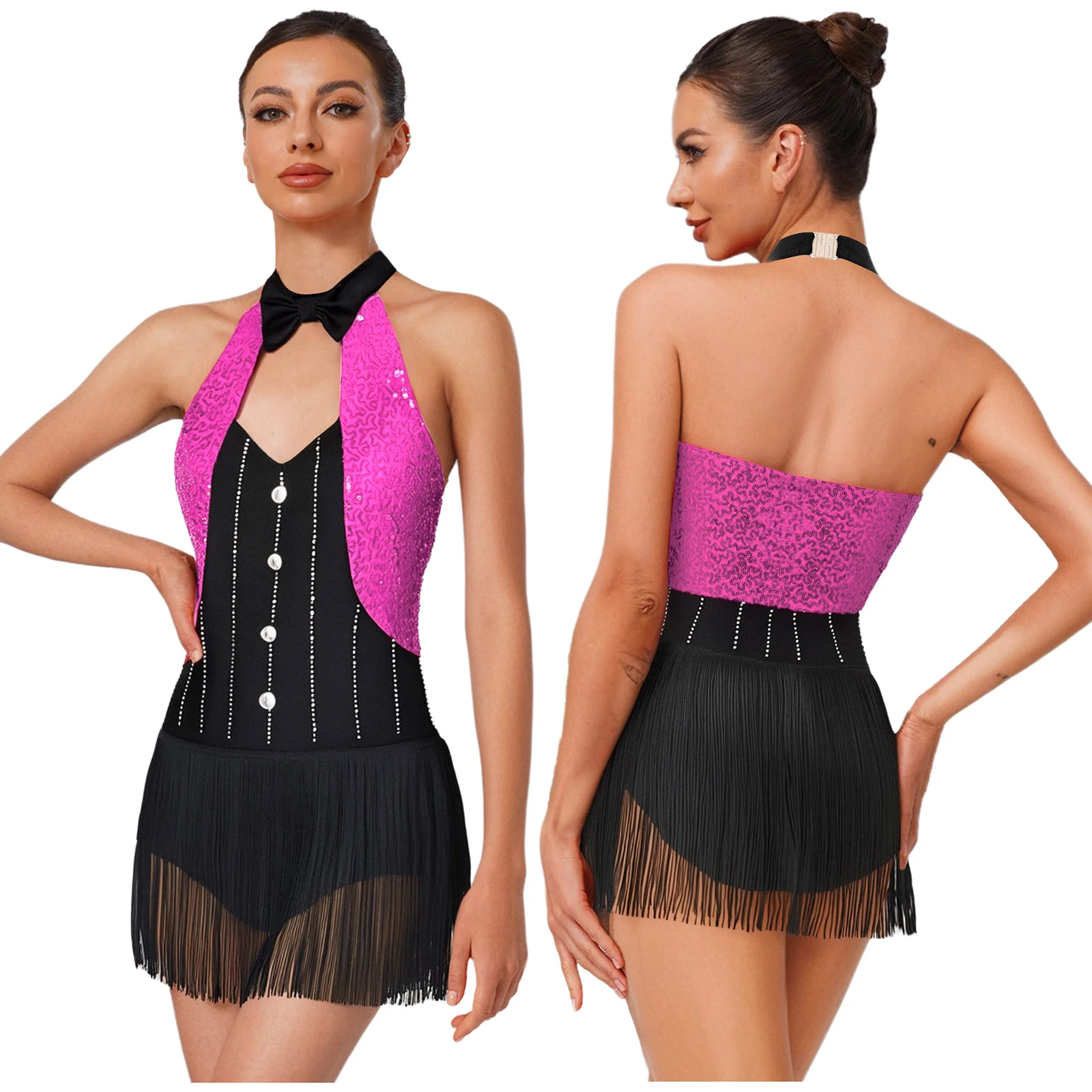 Womens Sequins Tassel Fringe Bodysuit Latin Jazz Dance Leotard Backless Halter Bow Tie Jumpsuit Cha-cha Samba Rumba Dance Wear