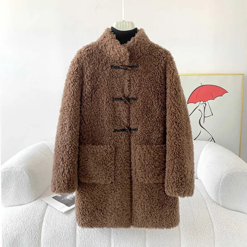 2024 Winter New Mandarin Collar Lamb Wool Coat Female Sheep Shearling Fur Horn Buckle Mid-length Jacket Outwear JT466