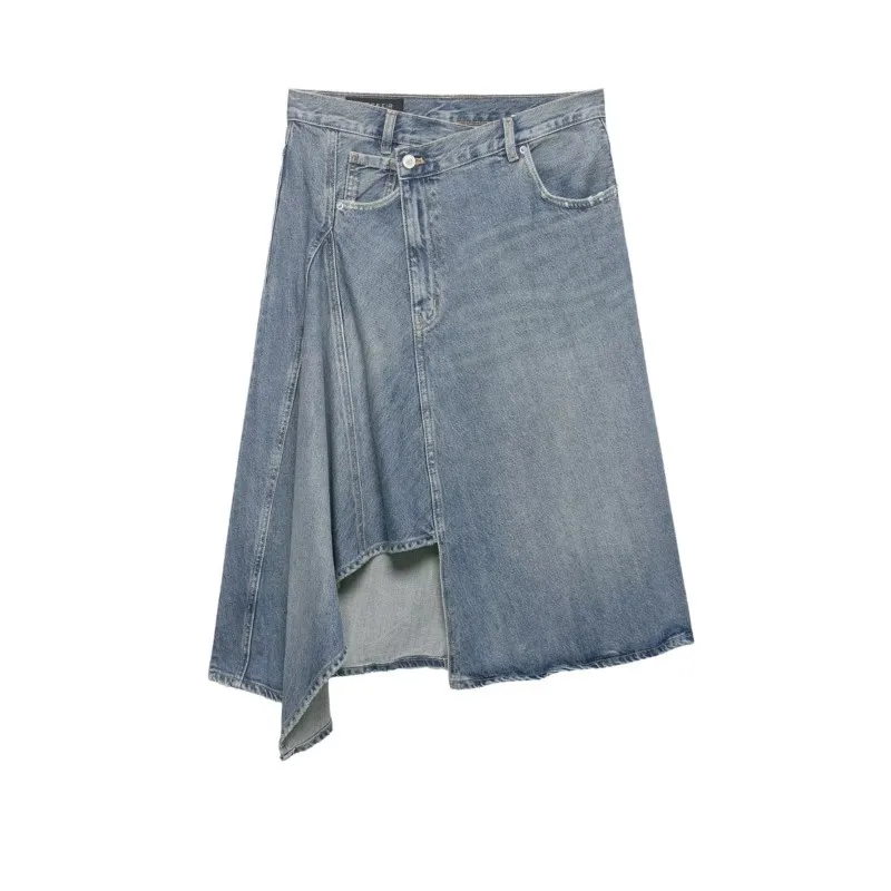 

Women'sAsymmetric Denim Skirt New Spring Casual Mid Waist Pocket Women Lace Skirts Fashion Female Chic Skirts