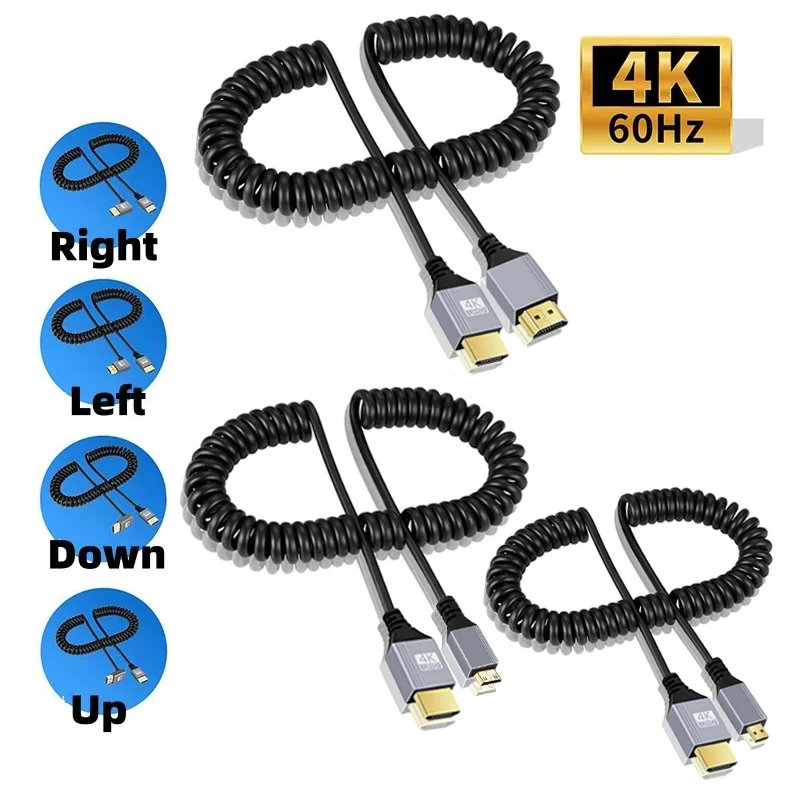 

90 Degree HD2.0 4K@60Hz UHD Spring Cable Up/Down/Left/Right Angle Mini Micro HD Video Cord for PC Monitor HDTV Camera Camcorder