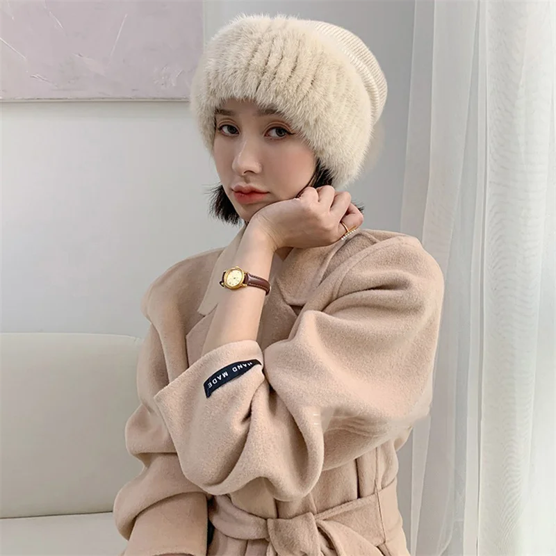 Women's Winter Casual Fur Hat Luxury Mink Fur Thermal Hat Fox Fur Ball Embellished Large Stretch Plush Ear Protection Hat