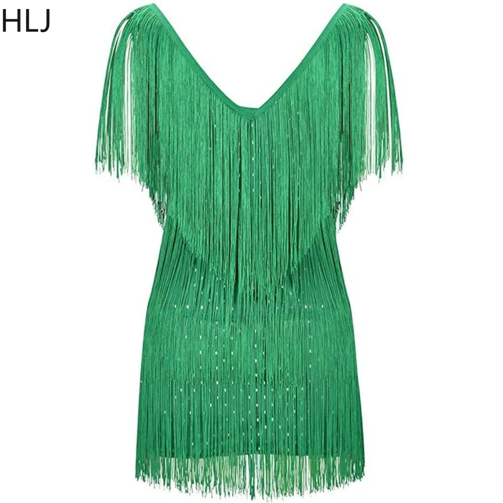 HLJ Sexy Deep V Tassels Sleeveless Slim Party Club Dresses Women Strap Sequin Bodycon Mini Dress Fashion Female Solid Clothing