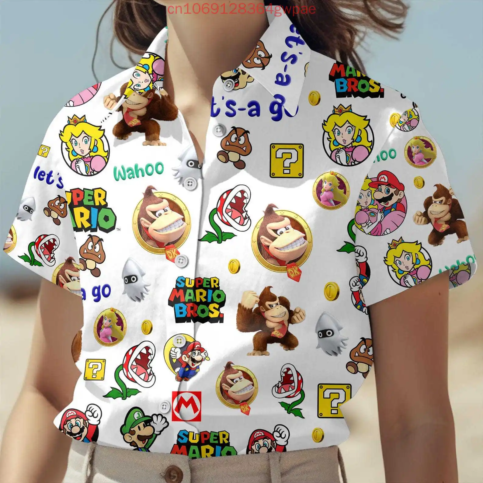 Super Mario Princess Peach Womens Short Sleeve Hawaiian Shirt Summer Fashion Sexy Beach Shirt Bowser Casual Sun Protection Shirt