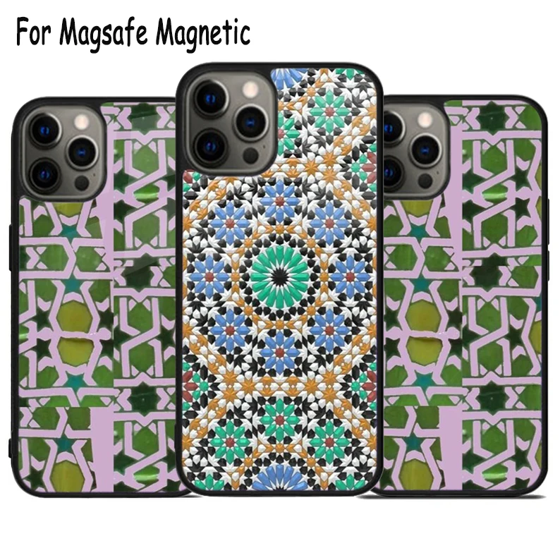 Marble Moroccan Tile Pattern Wireless Charge Magsafe Phone Case For iPhone 15 16 14 13 11 12 Pro Max Plus Magnetic Bumper Cover