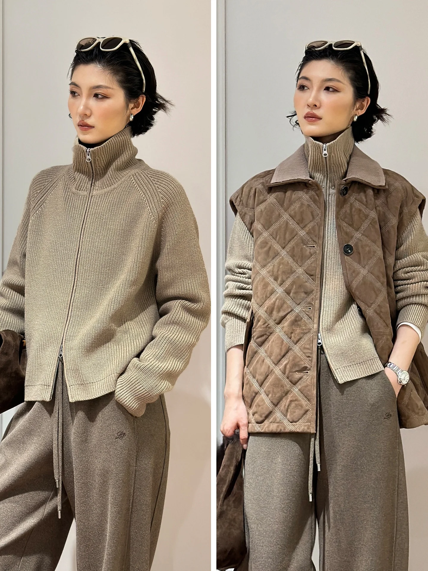 

Heavyweight 48-Strand Precision-Woven Wool Knit Jaet with Double Zipper oulder Insert And Stand Collar for Women