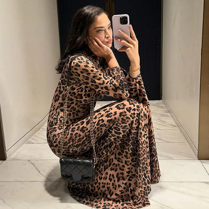 

Spring new light and mature style leopard print stand-up collar waist sexy dress women's party sexy temperament elegant high-end