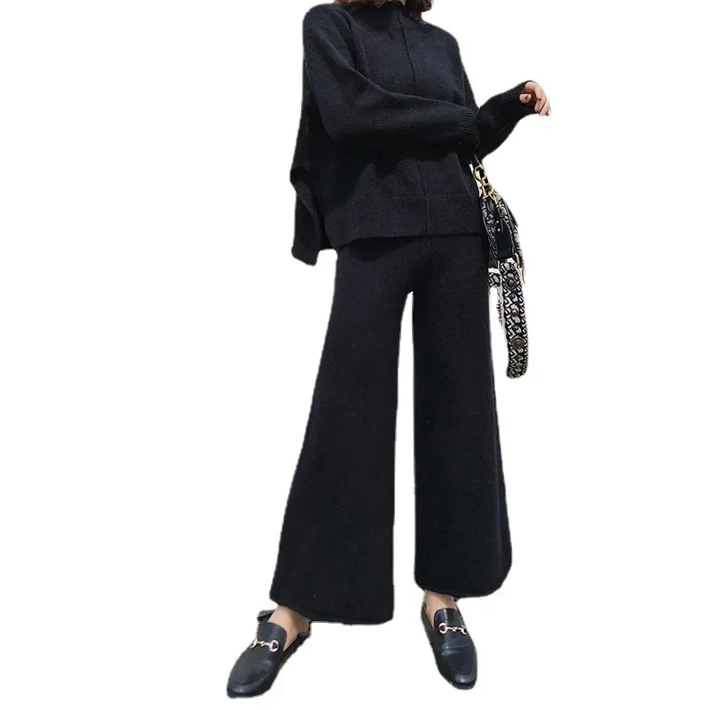Two Piece Sets Women Knit Suit Turtleneck Full Sleeve Sweaters Midi Waist Loose Long Pants Set Autumn Splice Casual Suits