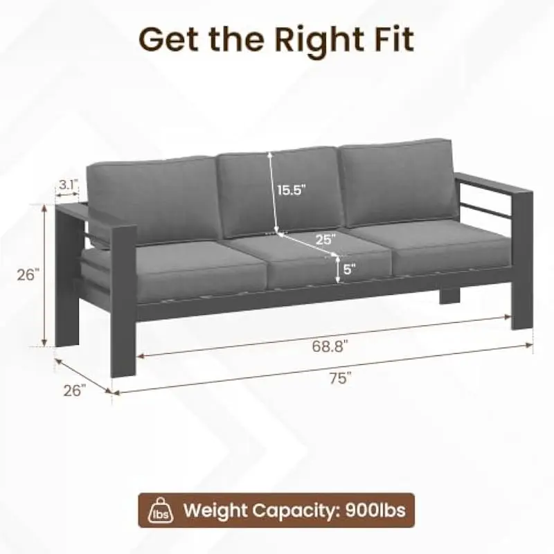 Outdoor Aluminum Sofa with 5-Inch Seat Cushions and 10-Inch Back Support – Weatherproof Contemporary Design for Porch Deck or Ba