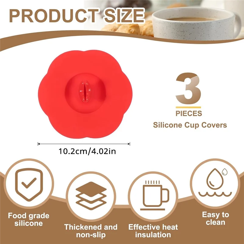 A76X-3Pcs Silicone Cup Covers, 4Inch Heart Universal Cup Lids Reusable Drinking Hot And Cold Beverages For Mugs Tea Cups