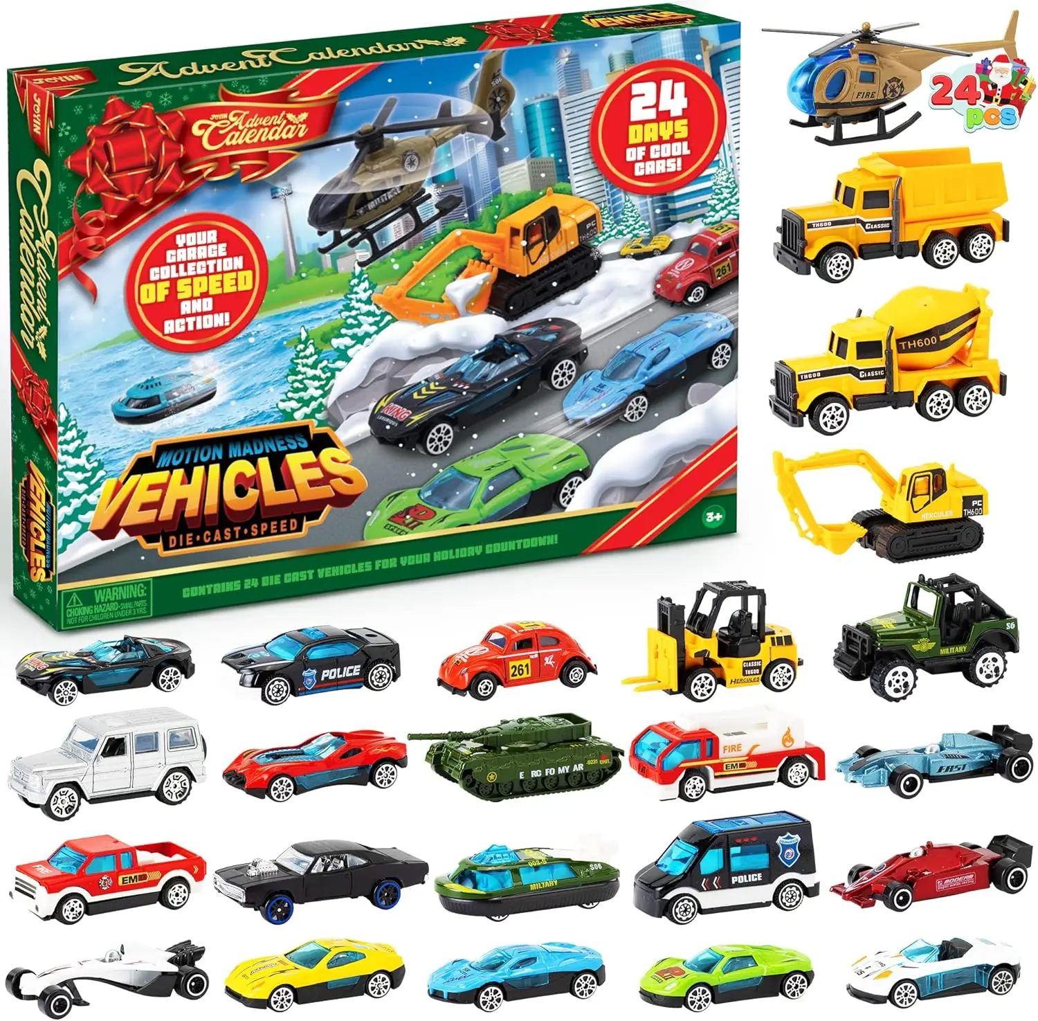 JOYFY 2024 Weihnachts-Adventskalender, 24 Tage, Countdown-Kalender, Druckguss-Autos, Set, Weihnachtsfahrzeuge, Spielzeug für Jungen, Kinder, Weihnachtsgeschenk