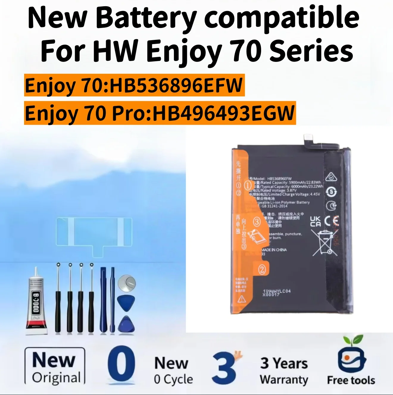 New Battery compatible For HW Enjoy 70 / Enjoy 70 Pro Mobile Phone Batteries + Free Tools