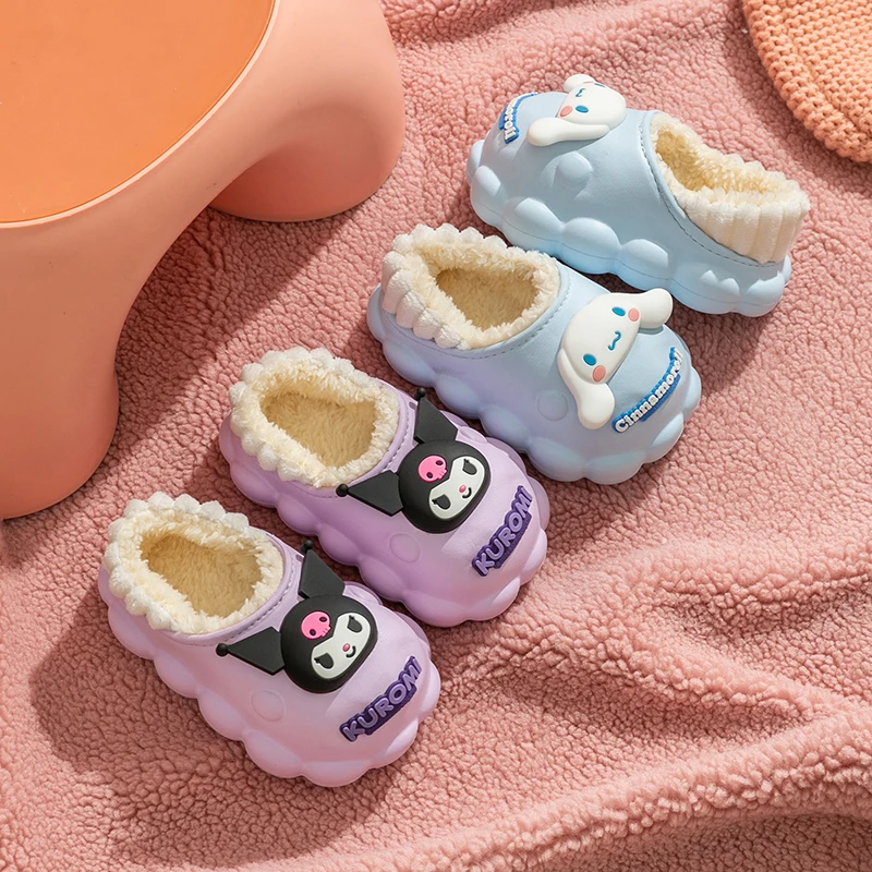 2024 Sanrio new waterproof children\'s cotton shoes for boys and girls autumn and winter with plush insulation cotton slippers