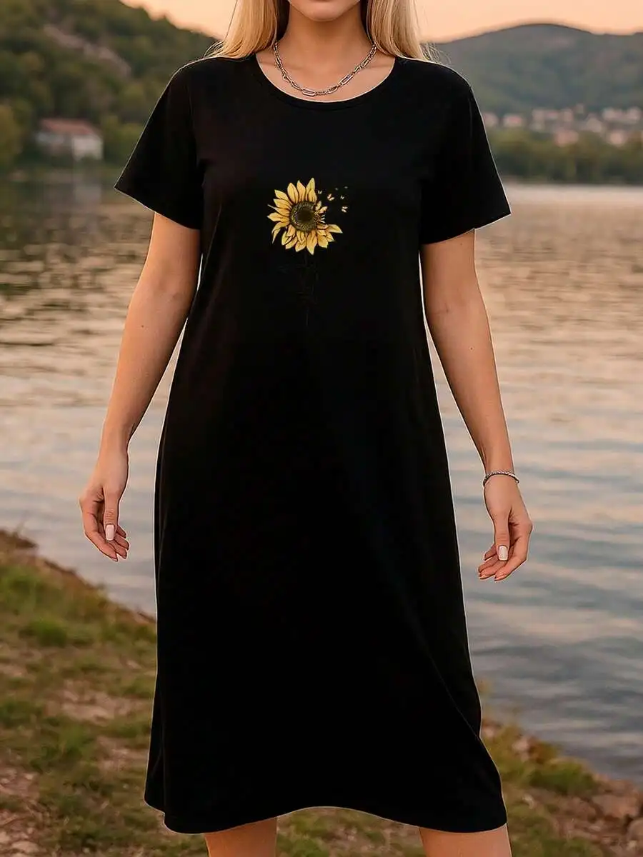 

Womens Black Sunflower Print Short Sleeve Crew Neck Pajama Dress