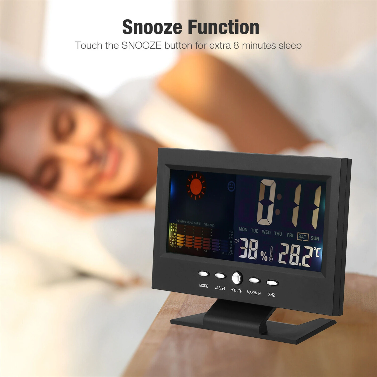 5-in-1 Led Digital Alarm Clock Calendar Weather Display Thermometer Humidity Monitor with Snooze Functions
