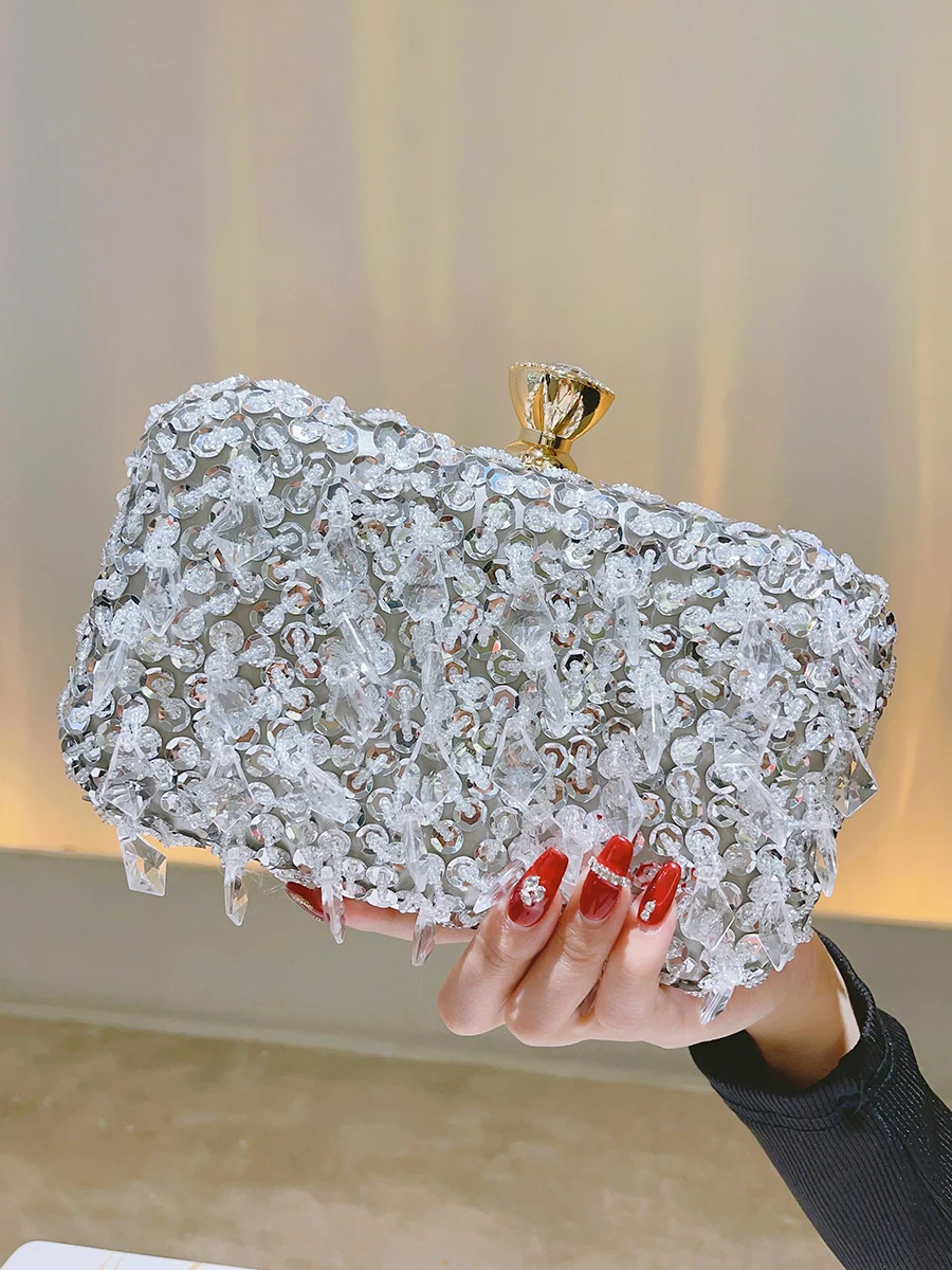 Beaded Sequins Evening Bag, Elegant Box Clutch Purse, Women\'s Wedding Handbags For Party Prom