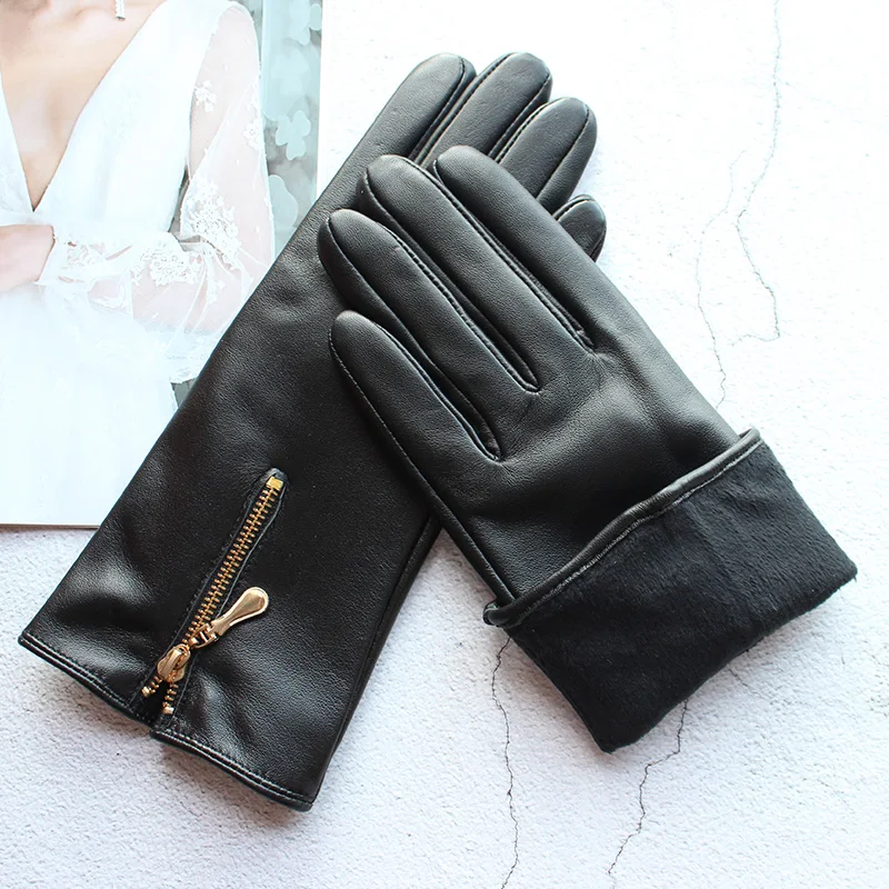 Fashion Zipper Leather Sheepskin Gloves Women\'s Suede Autumn and Winter Warm New Touch Screen Motorcycle Riding Gloves