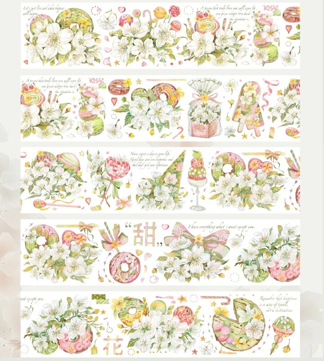 Amostra de fita bonita de Washi, rosas vermelhas e azuis, doces, balões, carrosséis, rosquinhas, 6 designs, 1 laço