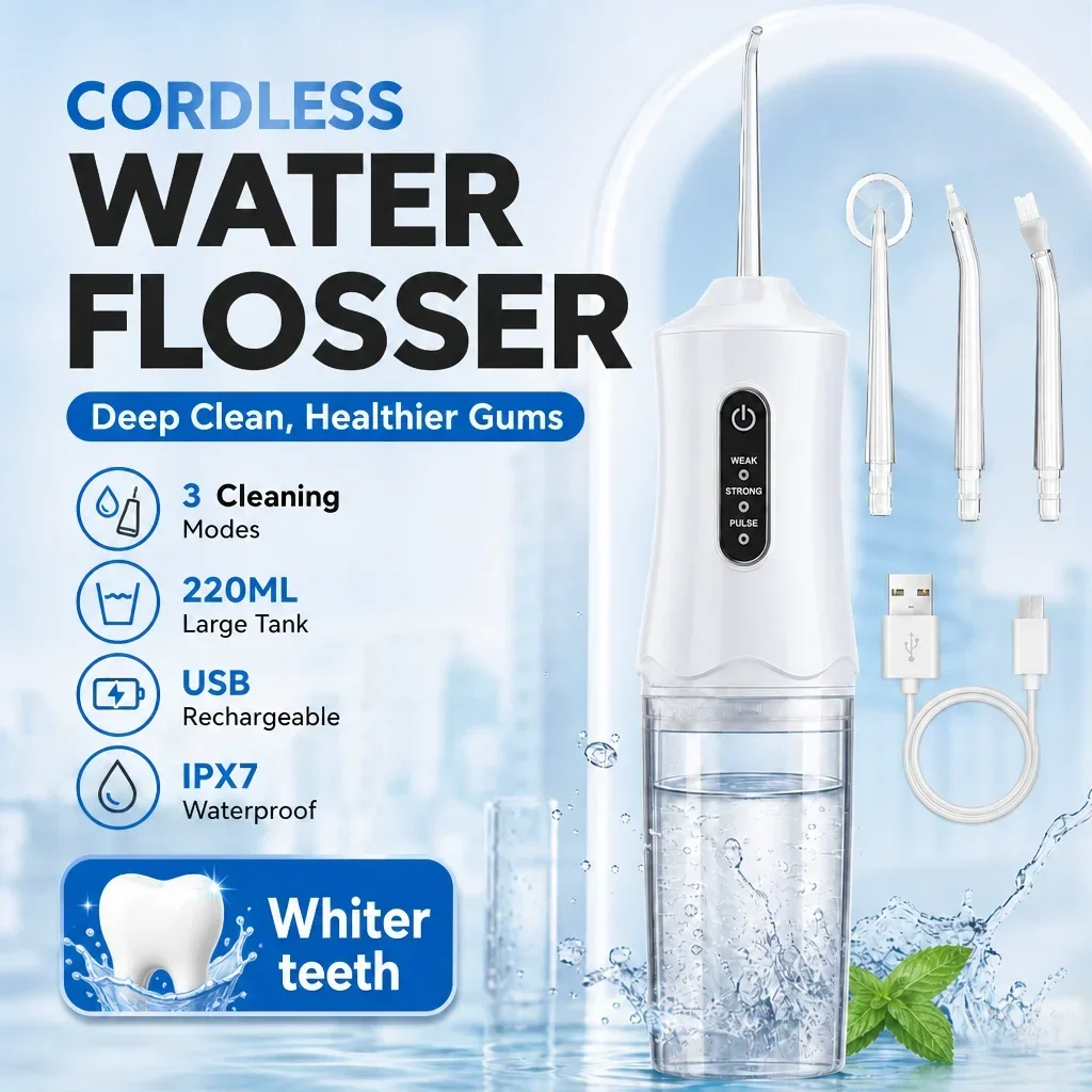 Cordless Water Flosser, Portable Oral Irrigator with 3 Modes & 4 Jet Tips, 230ml USB Rechargeable for Travel Teeth Cleaning