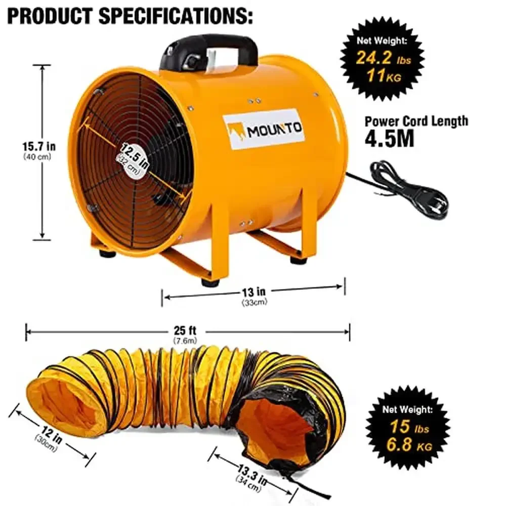 Portable High-Performance 12-Inch Axial Fan with 25-Foot Hose Ventilation and Exhaust 2900 CFM