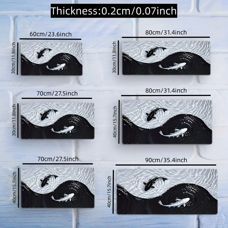 Tai Chi Koi patterned gaming mouse pad non-slip rubber base precision stitched edges waterproof rectangular desk mat office game