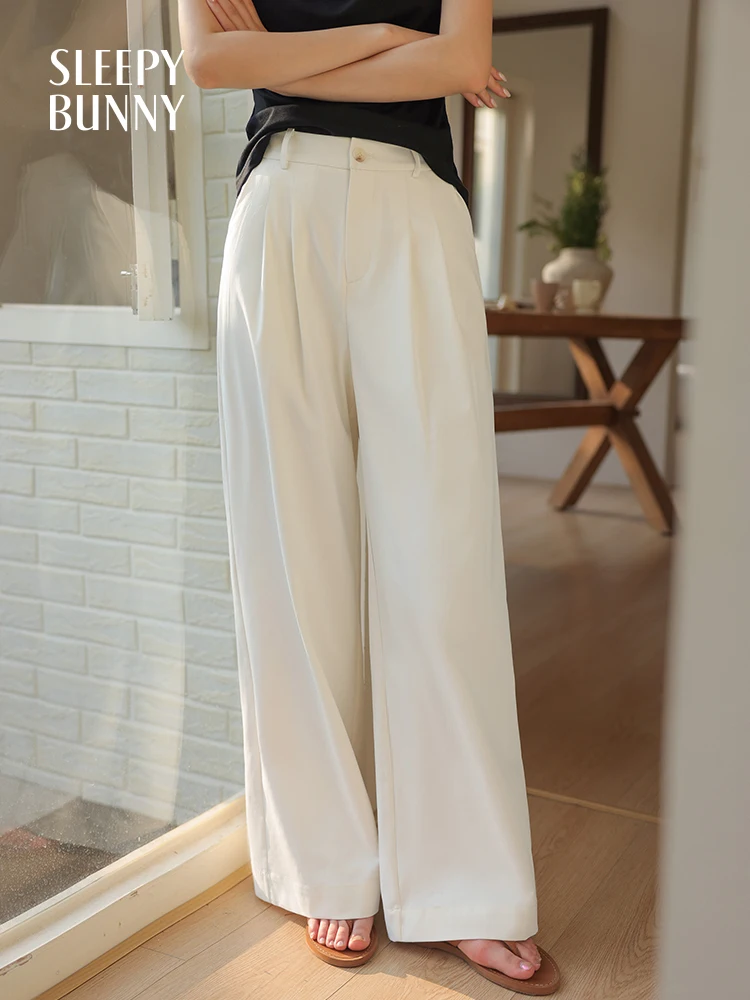 

White High Waist Wide Leg Pants Women Summer Loose Straight Trousers Comfy Petite Long Workwear Draped Casual Office Bottoms