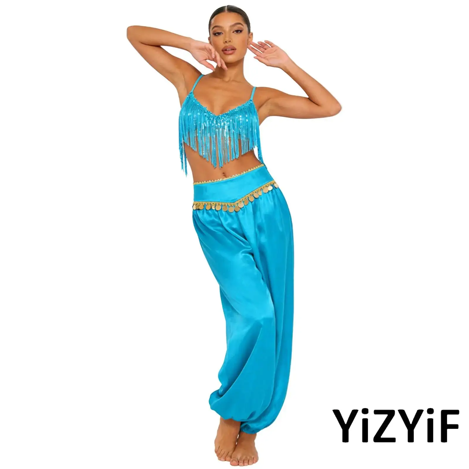 

Womens Belly Lyrical Dance Outfit 2Pcs Sequin Tassel No-pad Wireless Bra Top and Shiny Fringed Harem Pants Baggy Pants Dancewear