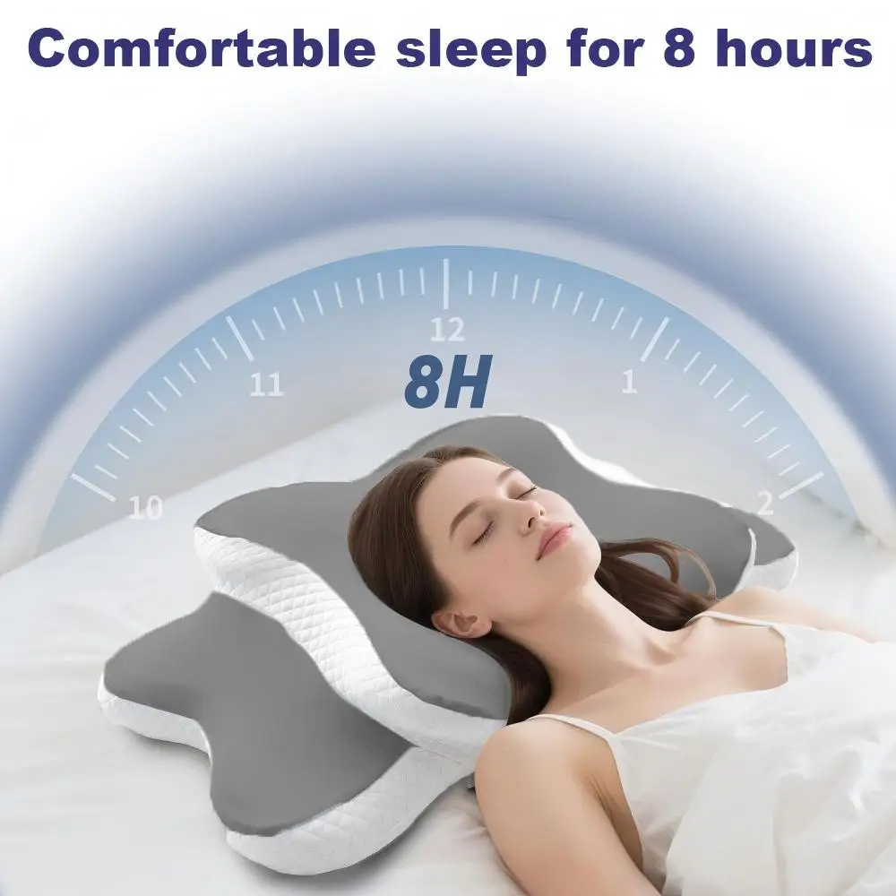 Ergonomic Contoured Memory Foam Pillow, Deep Sleep Breathing Pillow, Side, Back, Stomach, Medium Firm Support Gray