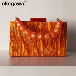 Woman Marble Bright Orange Acrylic  Box Clutches Evening Bag Birthday Party Handbag Bead Handle Wedding Bridal Female Mini Purse