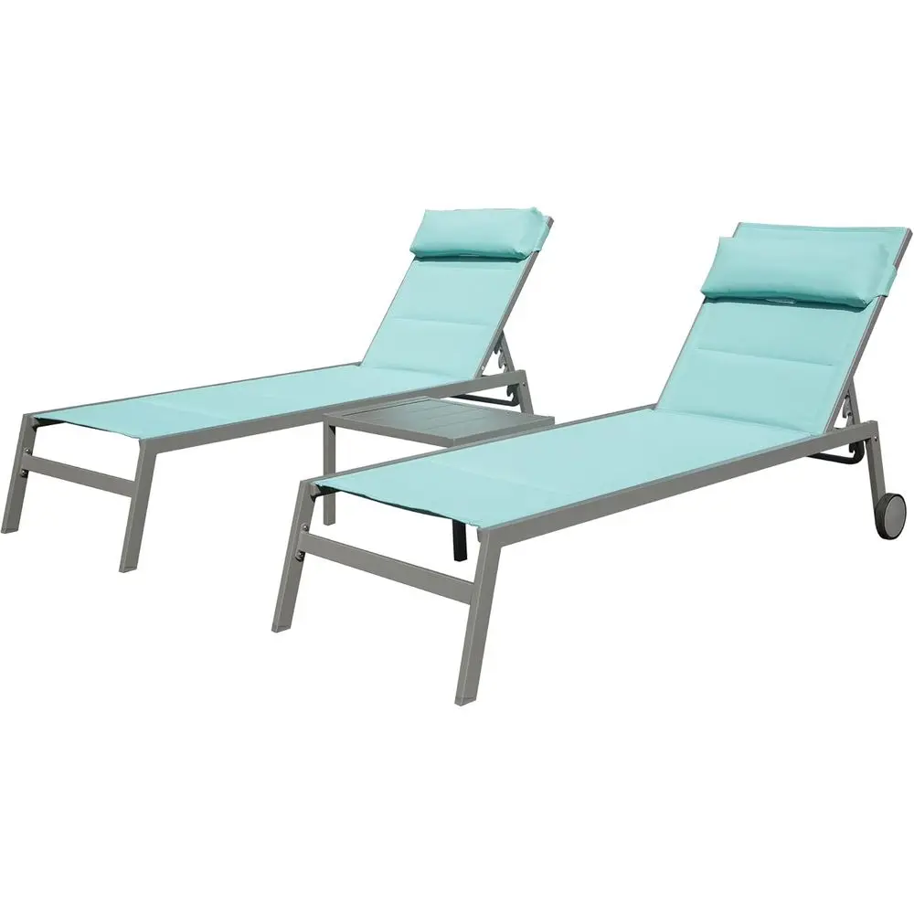 

Комплект из 3 шезлонгов для улицы на колесиках, с сиденьями из текстилена цвета «голубой озер», для бассейна, пляжа, двора или балкона