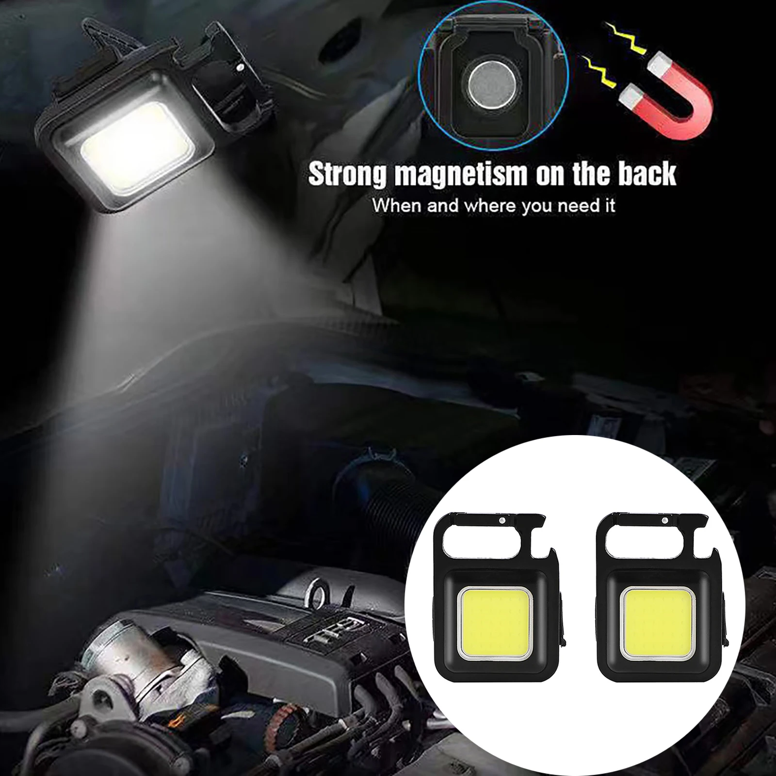 2Pcs Glare Portable Mini Work Light Keychain Bottle Opener Strong Magnetic Small Flashlight Multifunction for Car Home Outdoor