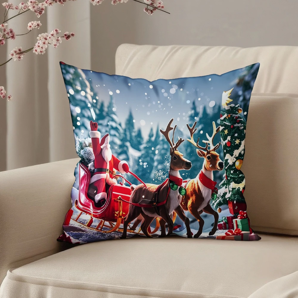 Square Throw Pillow Case Multicolor Santa Claus Sleigh Reindeer Snowy Forest Christmas Tree Print Decorative Cushion Cover For L
