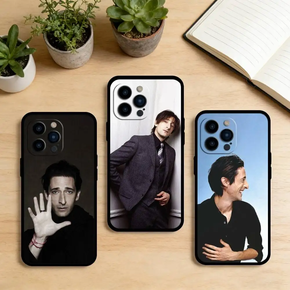 Capa de Silicone Macio Preta para iPhone 17, 16, 15, 14, 13, 12, 11 Plus, Pro Max, XS com Design do Ator A-Adrien B-Brody