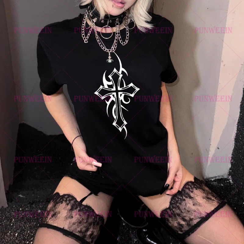 

Cross Graphic Goth Women Short Sleeve T-Shirt Casual Sexy Slim Chic Print Crop Tops Y2K Harajuku Aesthetic Streetwear punk tees