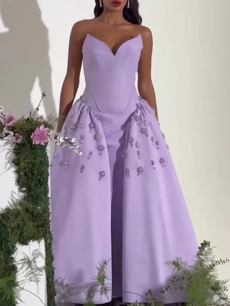 Elegant Ladies Strapless Beading Ball Dress Floor Length  Satin Evening Dress Pure Color Formal Occasion Gowns 2024 New