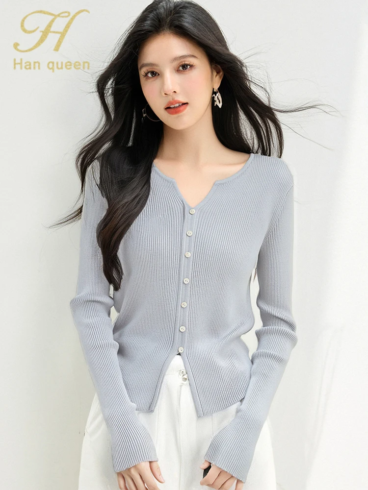 

H Han Queen, осенне-зимняя одежда, женские свитера, топы, шикарный корейский стиль, винтажный повседневный эластичный женский кардиган с длинными рукавами, 2025 г.