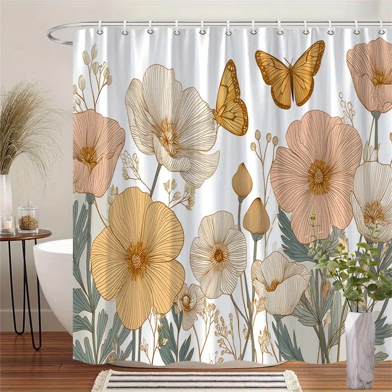 

1 шт., занавеска для душа в винтажном стиле с персиком и кремовым цветочным принтом, полиэфирная ткань, можно стирать в машине, подходит для украшения ванной комнаты