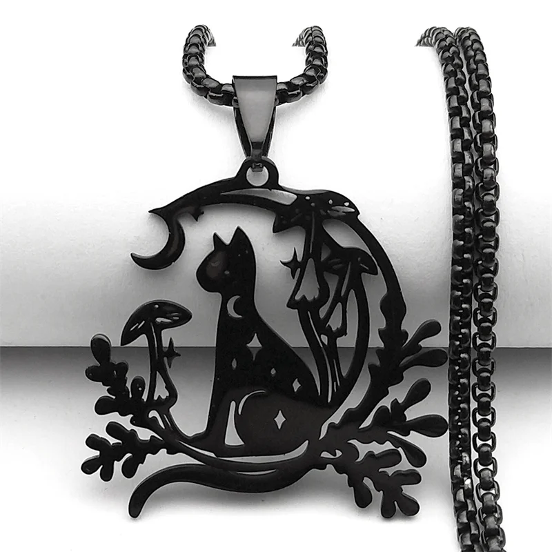 Nacht Hexerei Schwarze Katze Anhänger Halskette Für Frauen Männer Edelstahl Halbmond Pilz Pflanze Kette Schmuck Geschenke – Detail 6