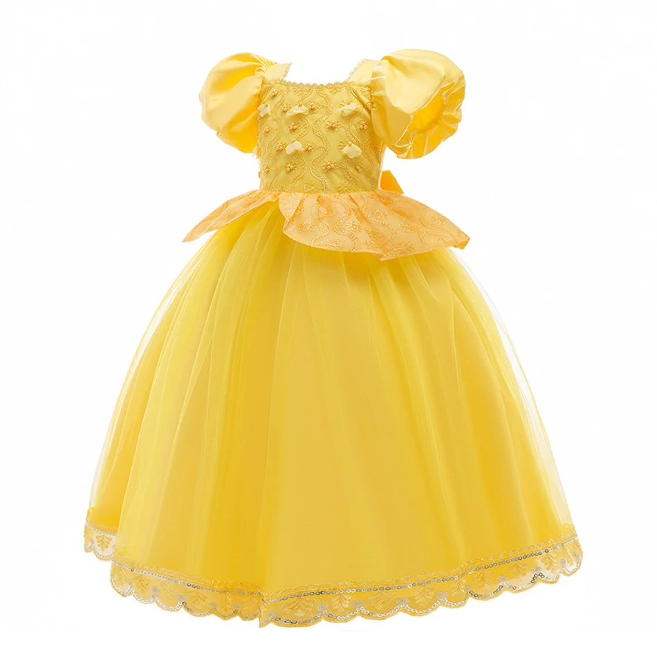 Girl Belle Princess Yellow Mesh Puffy Dress Girls Lace Ball Gown Miove Beauty and The Beast Costume Halloween Clothes