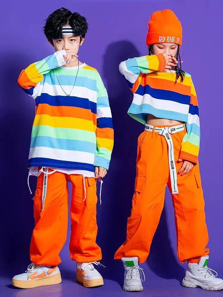 Haut court rayé pour filles, pantalon Cargo pour garçons, T-shirt Hip Hop arc-en-ciel, short de danse de rue ample, Streetwear pour enfants, Costumes de Jazz pour enfants