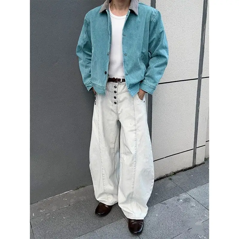Men's Single Breasted Light Colored Casual Sweatpants Spring Hip-hop Pants High Waisted Cool Boy Bottoms Male Vintage Trousers
