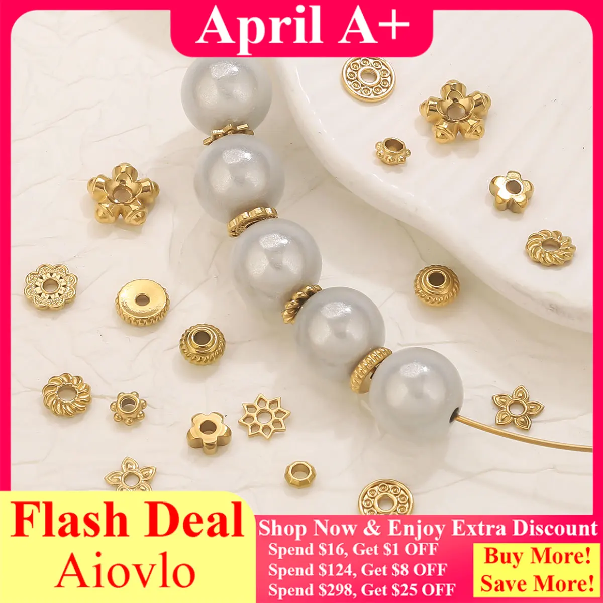 

20PCS Stainless Steel 18k Gold Flower Spacer Mini Loose Bead Charm for DIY Women Jewelry Making Needlework Accessorie Wholesale