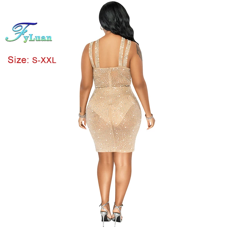 Splendido abito da festa corto da donna in rete trasparente scintillante estiva Temperamento sexy Sottile e sottile Cut-Out Crystal Party Night Clubwear