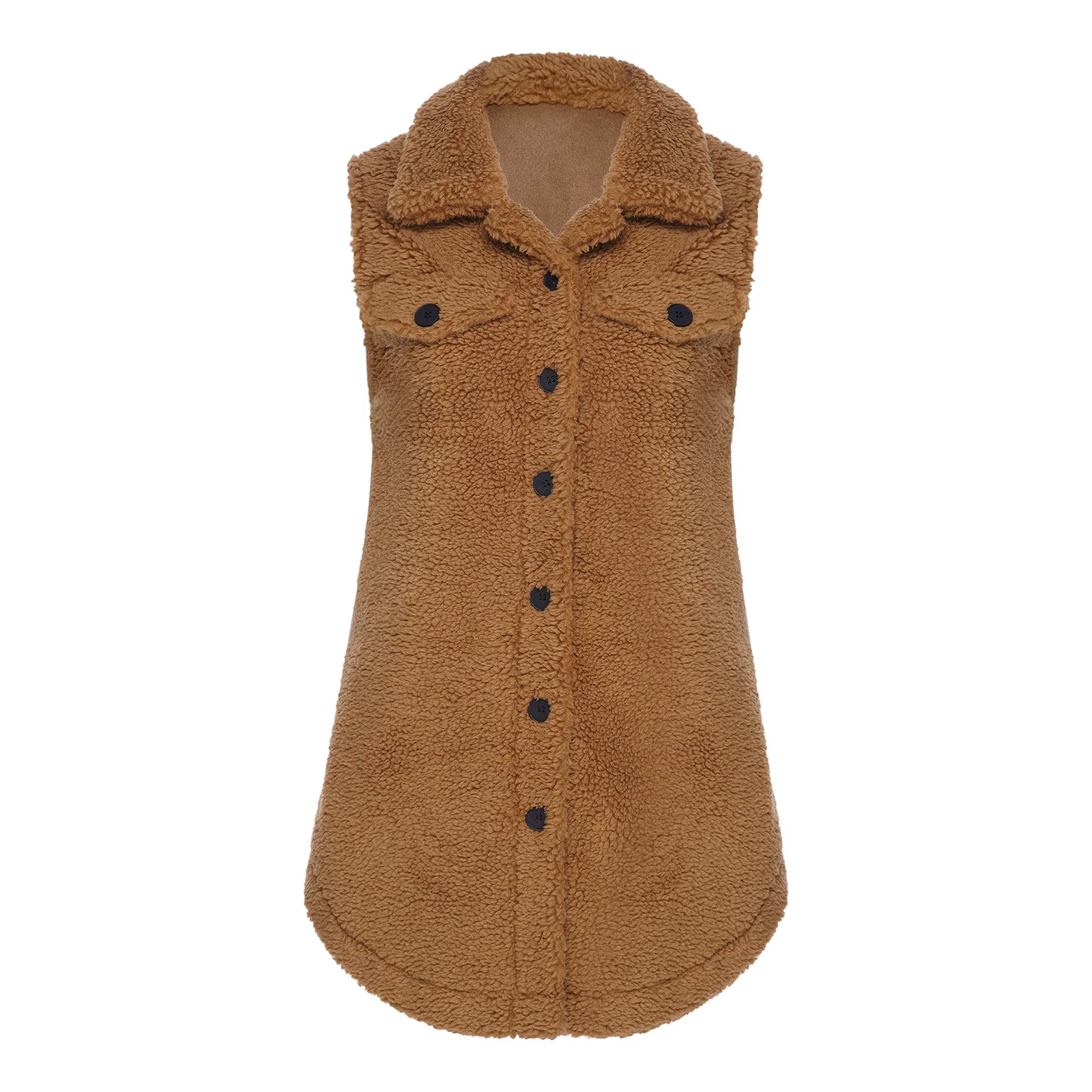 

Womens Warm Fleece Sherpa Jacket Lapel Sleeveless Front Button-down Fake Flap Pockets Vest Outerwear for Daily Casual Wear